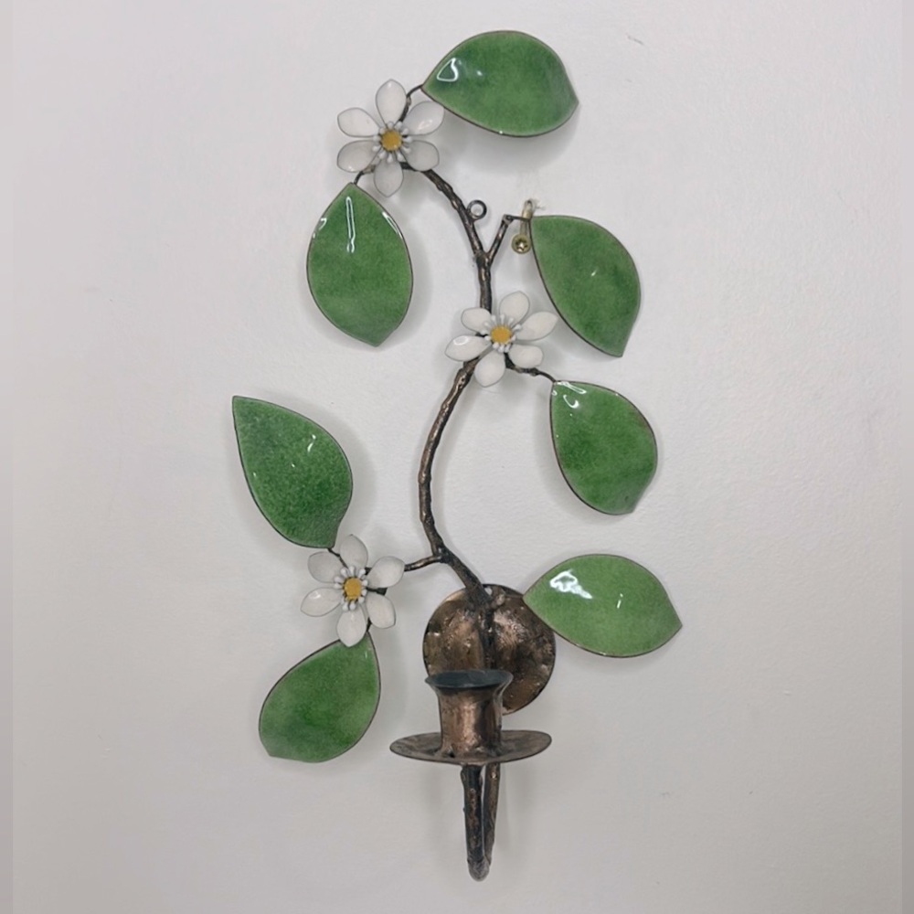Vintage 🌸 Toleware Tole Enamel Floral Wall Hanging Art Candle Holder Sconce